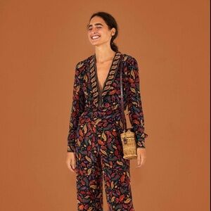 Farm Rio Black Mini Pineapple Straight Wide Leg Multicolor Jumpsuit XS